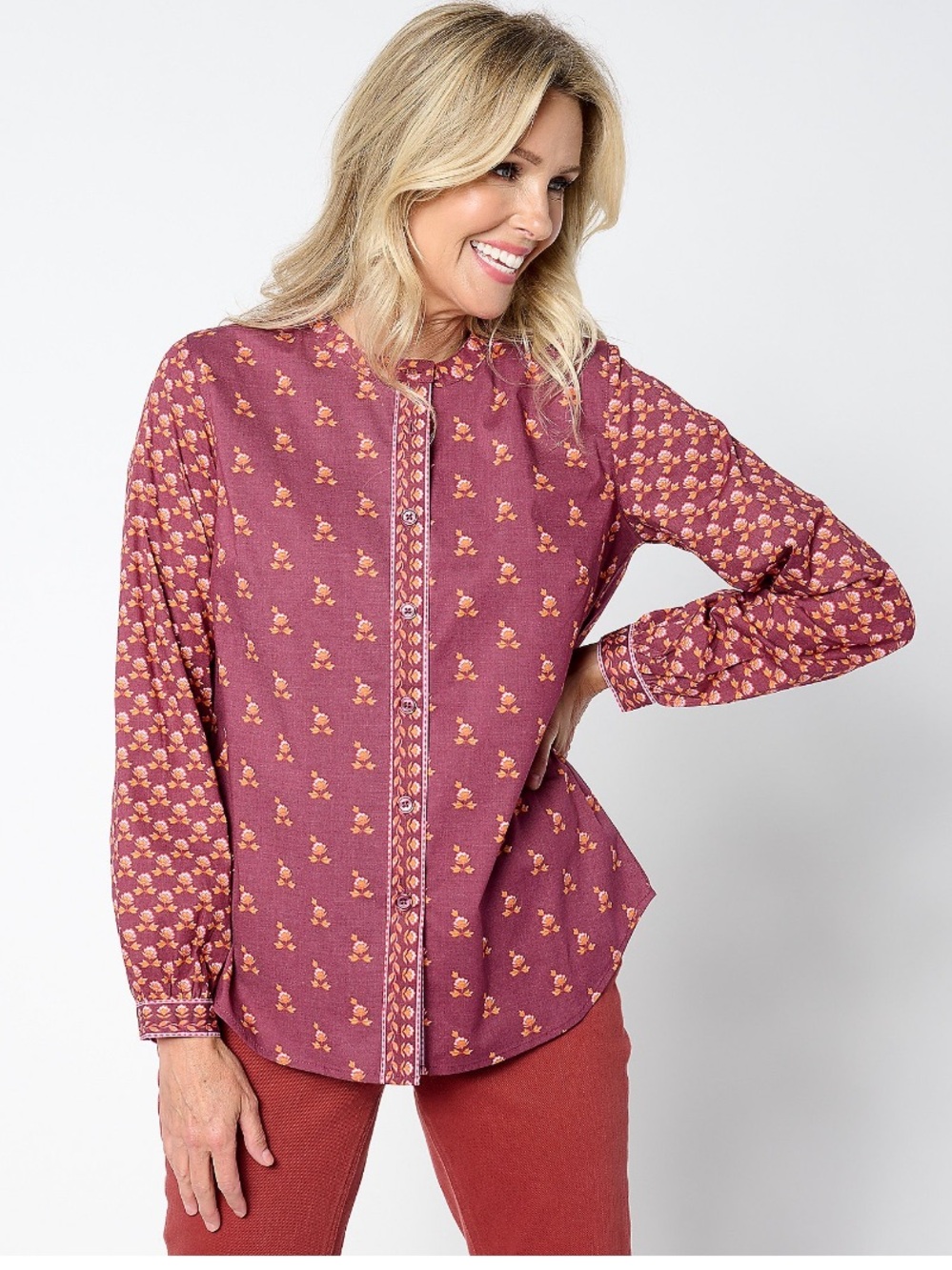 Belle by Kim Gravel Mauve Printed Button-Down Blouse